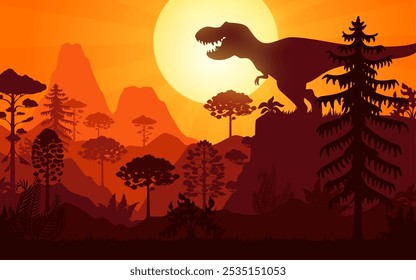 Prehistoric t rex tyrannosaurus dinosaur silhouette roar at sunset landscape with ancient trees and orange sun. Vector dusk scene of a bygone era with majestic reptile creature in ancient environment