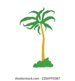 Prehistoric tall palm tree in bushes flat style, vector illustration isolated on white background. Natural tropical plant, decorative design element, colorful