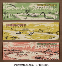 Prehistoric theme vector banner design with pristine landscape, carnivorous dinosaurs and ancient plants. Brochure, flyer, booklet, postcard template for product promotion and advertising