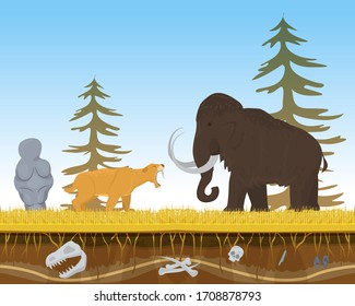 Prehistoric tiger attack ancient mammoth, character animal bite flat vector illustration. Wildlife nature beast predator and herbivorous. Natural forest old times place, vegetarian cattle defense.