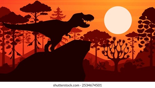 Silueta prehistórica de dinosaurio t-rex en el fondo del Vector del bosque tropical al atardecer. Tiranosaurio jurásico dino animal rugiendo en la cima de la montaña con árboles de la selva y puesta de sol en el horizonte