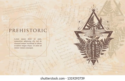 Prehistoric. Trilobites, dragonfly and fern. Renaissance background. Medieval manuscript, engraving art 