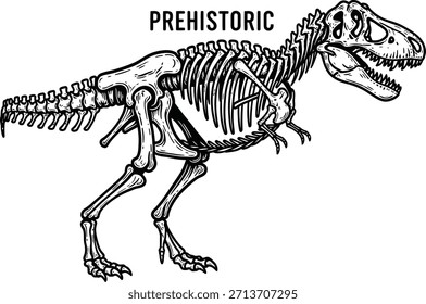 Tipografía prehistórica con esqueleto t-rex para diseño de logotipo de dinosaurio, insignia fósil antigua, emblema de monstruo jurásico y aislado en ilustración gráfica de historia transparente