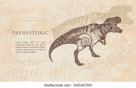 Prehistoric. Tyrannosaur double exposure. T-Rex dinosaur monster. Symbol of archeology, paleontology. Renaissance background. Medieval manuscript, engraving art 