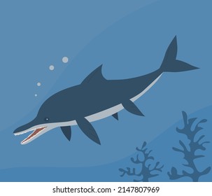 Prehistoric underwater dinosaur ichthyosaurus with fins. Predatory sea pangolin. Scary jaws with teeth. Wildlife of the Jurassic period. Vector illustration