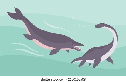 Prehistoric underwater dinosaur mosasaurus vs plesiosaurus. Predatory water pangolin. Scary jaws with teeth. Ancient animals. Sea wildlife of the Jurassic period. Vector illustration