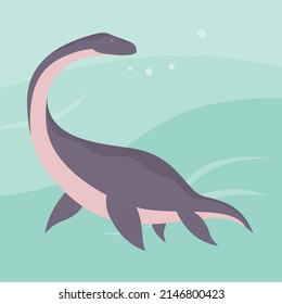 Prehistoric underwater dinosaur plesiosaurus with fins. Predatory sea lizard. Long neck. Scary jaws with teeth. Wildlife of the Jurassic period. Vector flat illustration