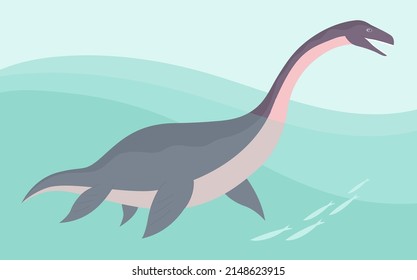 Prehistoric underwater dinosaur plesiosaurus with fins. Predatory sea pangolin. Long neck. Scary jaws with teeth. Wildlife of the Jurassic period. Vector illustration