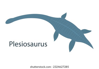 Prehistoric underwater dinosaur plesiosaurus with fins. Predatory ancient sea pangolin. Long neck. Big lizard. Wildlife of the Jurassic period. Flat vector illustration isolated on white background