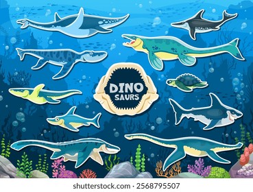 Prehistoric underwater dinosaurs stickers pack. Cartoon vector set of patches with ancient sea creatures and marine life at the ocean environment with seaweeds and coral reef. Water dino animals