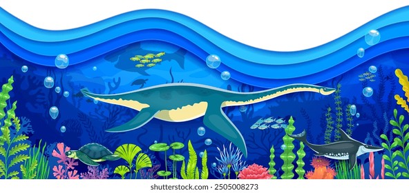 Prehistoric underwater dinosaurs vector banner with sea water wave paper cut border. Cartoon funny jurassic marine monster characters, prehistoric fish school, giant megalodon shark, archelon turtle