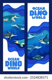 Prehistoric underwater dinosaurs. Vector vertical undersea paper cut cards with cartoon reptile animals and aquatic creatures among coral reefs and seaweeds in the deep sea waters. Ocean dino world