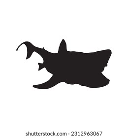 Prehistoric underwater shark megalodon with fins silhouette