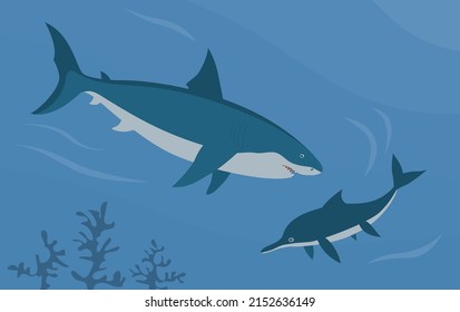 Prehistoric underwater shark megalodon vs ichthyosaur. Predatory sea fish. Scary jaws with teeth. Wildlife of the Jurassic period. Vector illustration