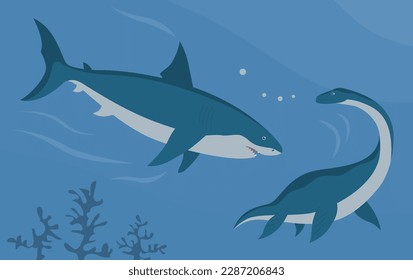 Megalodon de tiburón submarino prehistórico vs plesiosaurio. Un gran dinosaurio. Pescado marino depredador. Las mandíbulas asustadas con los dientes. Vida silvestre del período Jurásico. Ilustración del vector