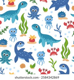 Prehistoric underwater world seamless pattern. Children's cartoon sea dinosaurs, jellyfish, crabs, octopuses and seaweed background for kids. White background.