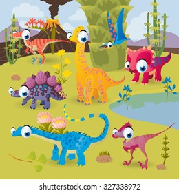 Cenário pré-histórico de desenhos animados vetoriais: dinossauros pelo vulcão: tricerátops, stegosaurus, diplodocus, brachiosaurus, oviraptor, velociraptor
