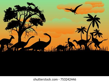 Prehistoric vector landscape with dinosaurs silhouettes