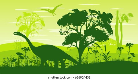 Prehistoric vector landscape, forest and dinosaurs silhouettes