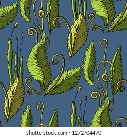 Prehistoric vector plants. Differenr extinct greenery, Cartoon botanical seamless patterns.