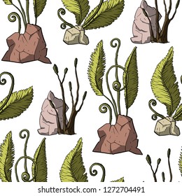 Prehistoric vector plants. Differenr extinct greenery, Cartoon botanical seamless pattern with stones.