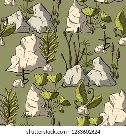 Prehistoric vector plants. Differenr extinct greenery, Cartoon botanical seamless pattern with stones.