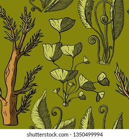 Prehistoric vector plants. Different extinct greenery, Cartoon botanical seamless patterns.