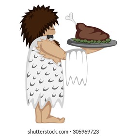 Prehistoric waiter with a tray and paleo food (cartoon style)