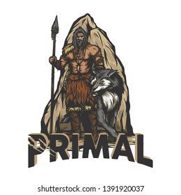 prehistoric warrior standing with a wolf