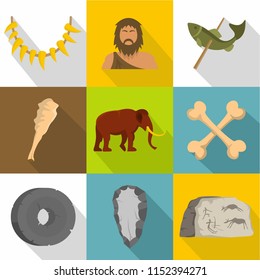 Prehistoric way icons set. Flat set of 9 Prehistoric way vector icons for web isolated on white background