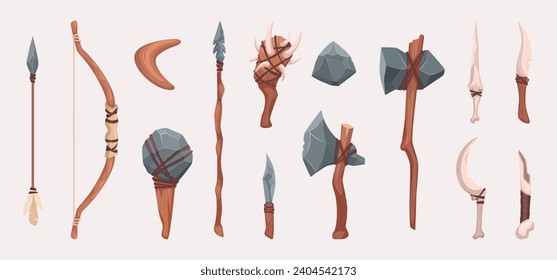 Prehistoric weapon. Ancient tools for primitive people exact vector illustrations