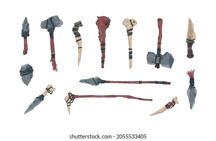 Prehistoric weapon. Cartoon fantasy game ancient fight inventory. Primitive axe and bow. Hunting knife. Spear with bone or rock tip. Barbarian wooden baton. Vector stone age tools set