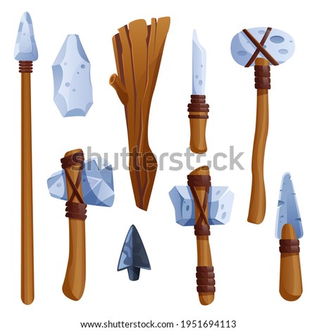Prehistoric weapon, stone ages tools made of wood and rocks. Axe, hammer and spear, wooden cudgel, knife and arrow head, hunt items isolated on white background, Cartoon vector illustration, icons set