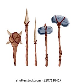 Prehistoric Weapons. Set Of Caveman Tools. Primitive Spear And Stone Axe. Equipment For Hunting. Archaeological And Barbaric Weapon.