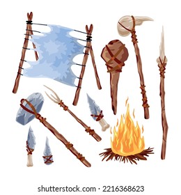 Prehistoric Weapons. Set Of Caveman Tools. Primitive Spear And Stone Axe. Bonfire And Leather. Equipment For Hunting. Archaeological And Barbaric Weapon.