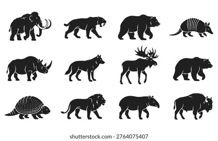Prehistoric and Wild Animal Silhouette Vector Icon Set, Ice Age Mammals and Predators Megafauna Collection