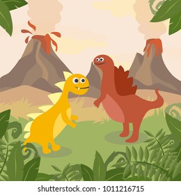 Prehistoric wildlife. Nature landscape with dinos, mountains, volcanos
