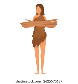 Prehistoric woman is carrying wood, ready to start a fire