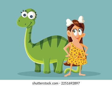 
Prehistoric Woman Next to her Dinosaurs Pet Funny Vector Illustration. Person of prehistoric primeval descent having a peculiar friend 
