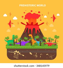 Prehistoric world concept with dinosaurs and volcano eruption vector illustration