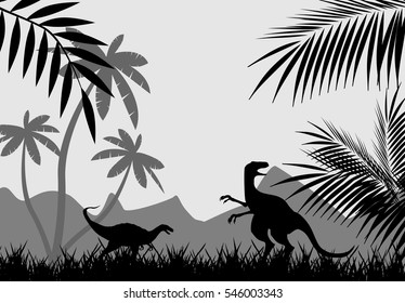 Prehistoric world dinosaurs age, dinosaurs vector silhouettes. monochrome illustration