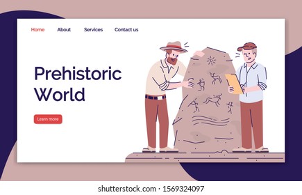 Prehistoric world landing page vector template. Ancient history website interface idea with flat illustrations. Archeological expedition homepage layout. Web banner, webpage cartoon concept