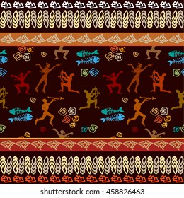 Prehistorical hunters. Stylized cave art painting. Seamless bohemian border with aboriginal motifs.