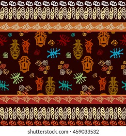 Prehistorical tribal masks. Stylized cave art painting. Seamless bohemian border with aboriginal motifs.