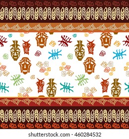 Prehistorical tribal masks. Stylized cave art painting. Seamless bohemian border with aboriginal motifs on white background.