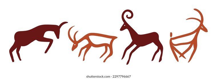 Prehistoring animals cave drawings Illustrations set on white background.