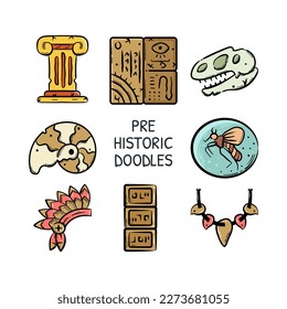 Pre-history doodle icons, column, hieroglyphs, skull, fossil, indian native, neclace. Hand drawn element vector illustration.