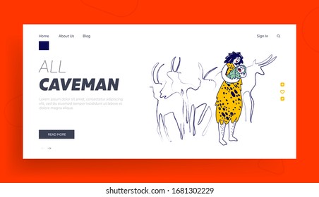 Prehistory Period of Human Landing Page Template. Cave Woman Character Wearing Skin Rocking Little Newborn Baby on Hands front of Ancient Coal Paintings of Hoofed Animals. Linear Vector Illustration