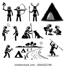 Prehistory Prehistoric Mesolithic Middle Stone Age Ancient Human. Vector illustrations depict primitive human people from middle stone age of the Mesolithic time period era. 