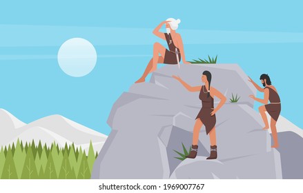 Prehistory tribe of stone age people, vector illustration. Cartoon tribesman, caveman characters climbing rock, primitive man sitting on stone cave, cute ancient primal woman in animal skin background